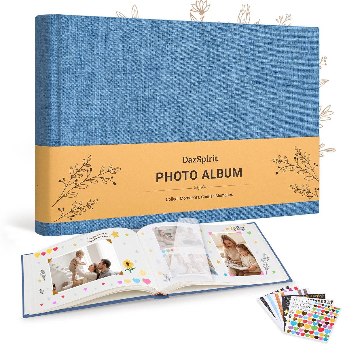 DazSpirit Fotoalbum om Zelf te Ontwerpen, Linnen Plakalbum met 60 Witte Pagina’s en 6 Stickervellen, Scrapbook - ShopVlot