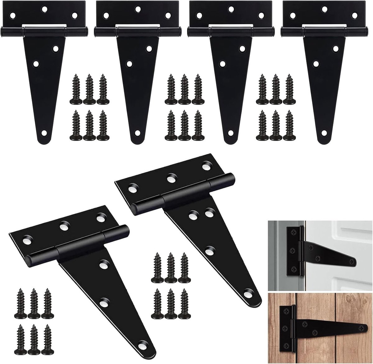 Zware T-hengen set van 6 stuks, 100mm scharnieren voor tuinpoorten, driehoekige scharnieren met schroeven voor stevige bevestiging