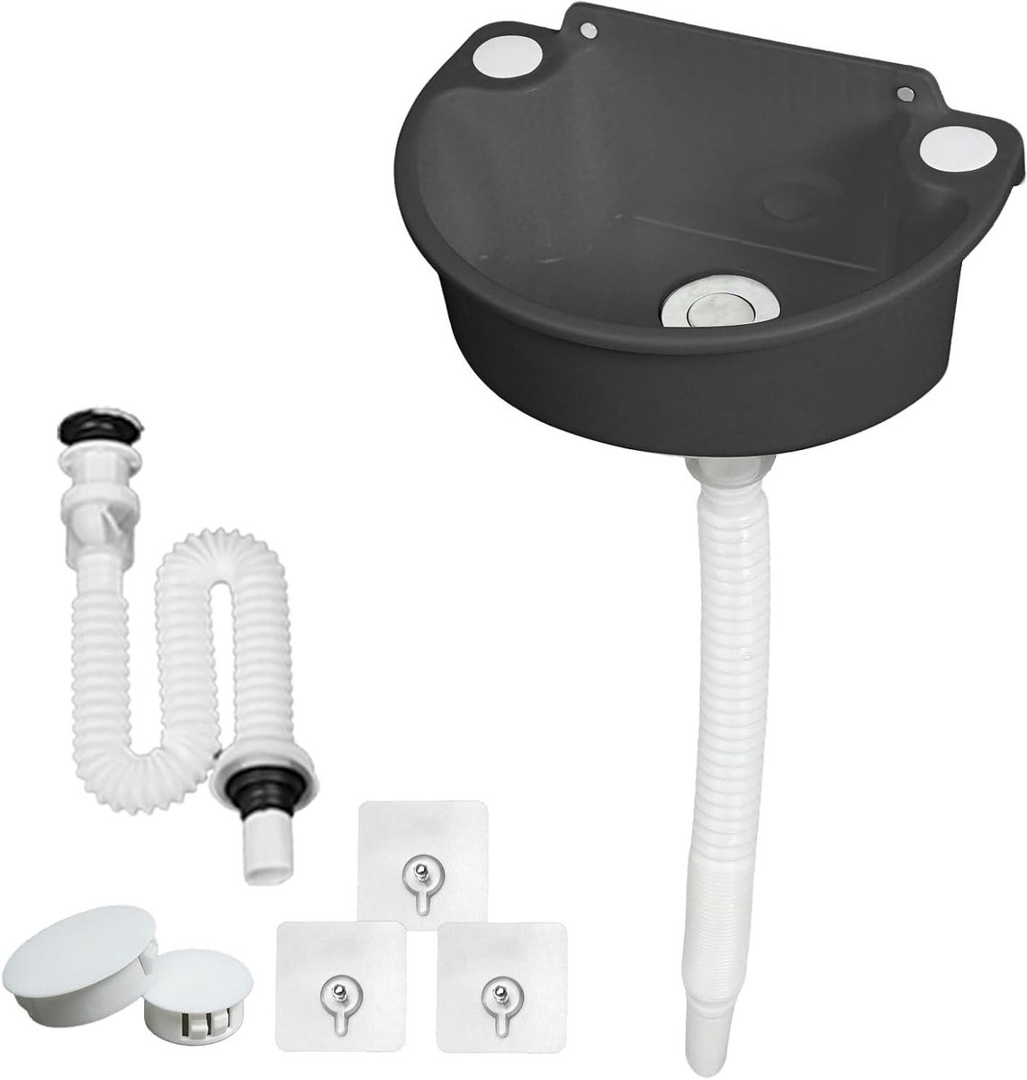 Halfronde spoelbak - Compacte wasbak - Tuin en camper - Inclusief afvoerstop - 295 x 21 x 105 cm - Grijs