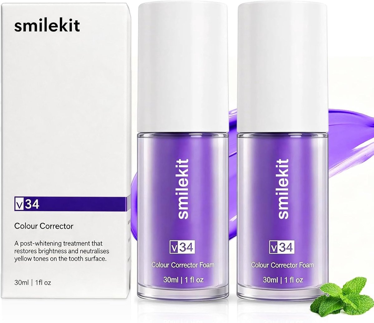 Kleurcorrectie Tandpasta voor Witte Tanden, 2 Stuks, 1 fl oz, Paars, Verheldering voor Gele Tanden, Verfrissende Whitening Foam, Dagelijks Gebruik voor Langdurige Frisse Adem