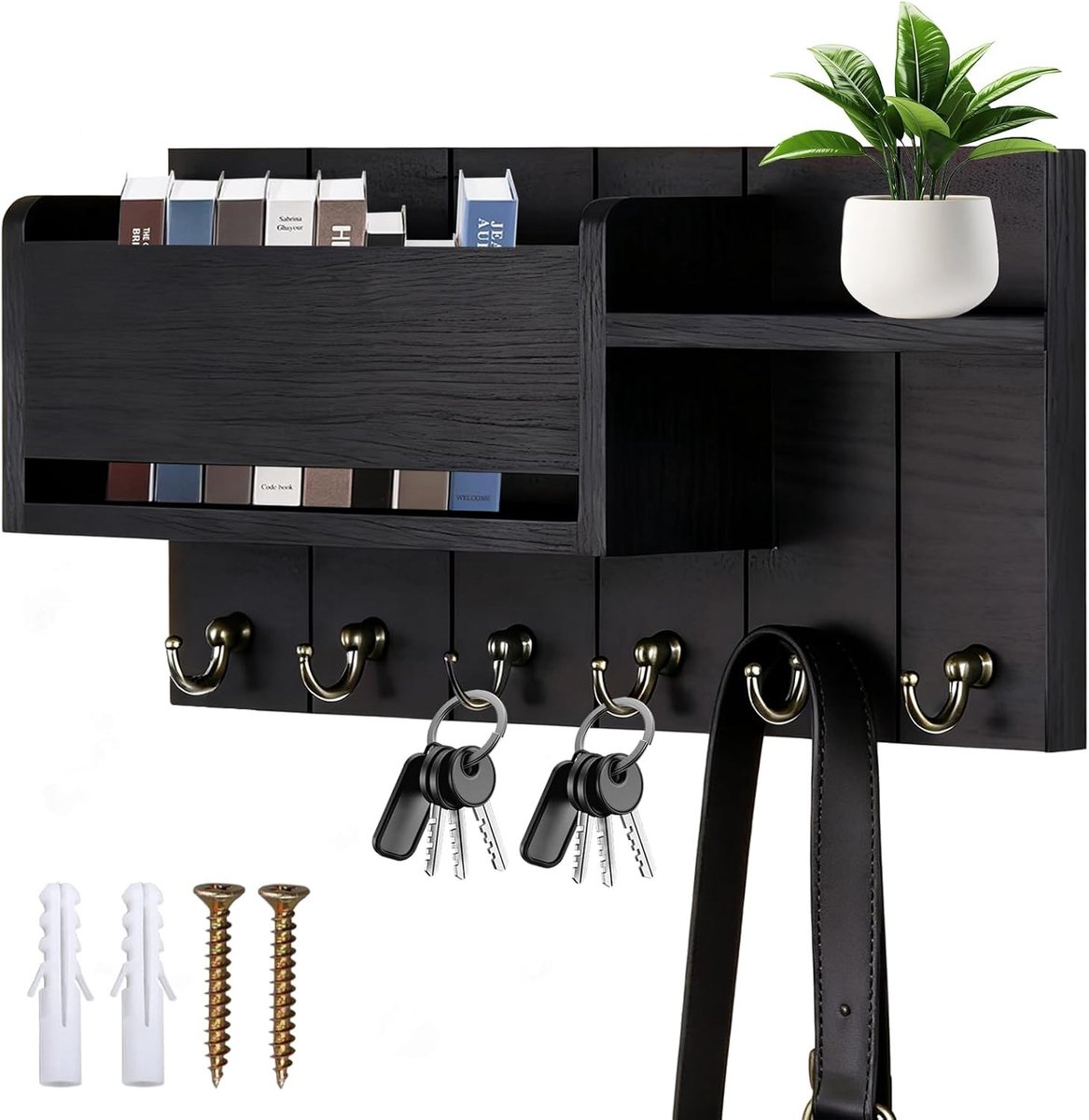 Houten Sleutelhanger met Plank, Decoratieve Muurplank met 6 Haakjes voor Sleutels, Ideaal voor Entree, Hal en Slaapkamer
