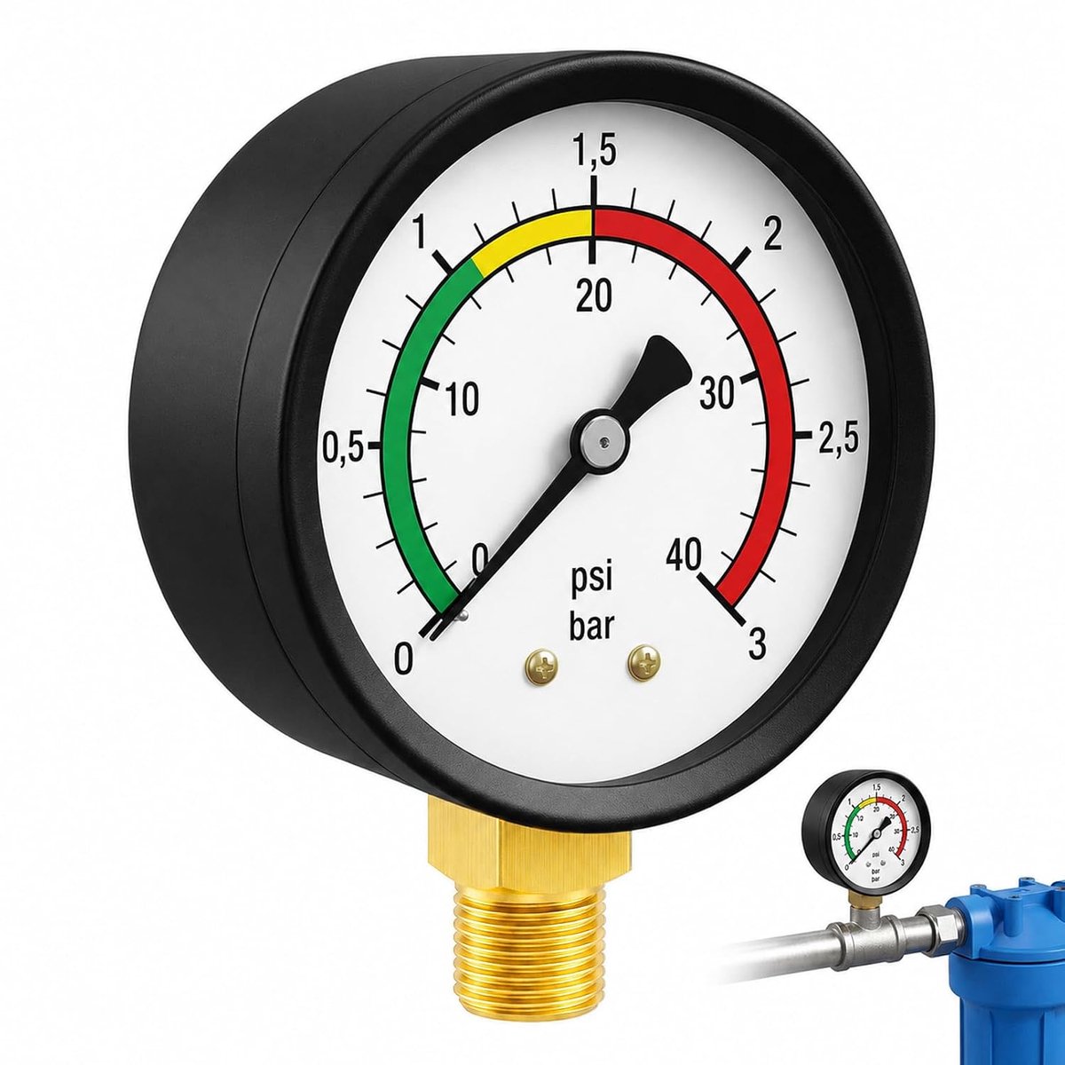 Nauwkeurige manometer 0-3 bar voor water en gas, aansluiting 1/4 BSPT messing - ShopVlot