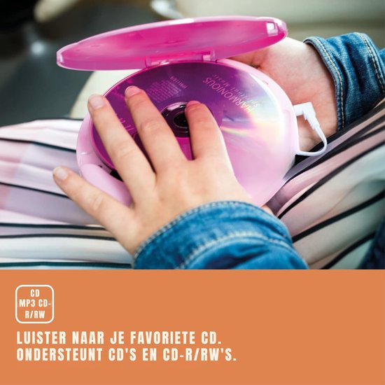 QORA® CD Speler - Draagbare CD Speler - Portable CD Speler - Roze - 15cm x 14cm x 3cm — afbeelding 4