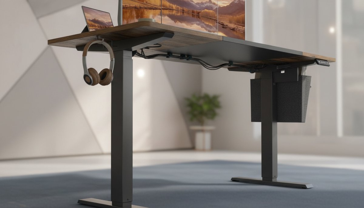 Elektrisch verstelbaar zit-sta bureau 160x70 cm – House&Garden premium ergonomisch staand bureau met geheugenfunctie (4 hoogtes), stille motor, kabelmanagement, 72–120 cm hoogte-instelling, vintage bruin & zwart staal frame