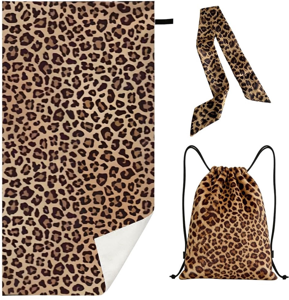 Dailygoods - Strandlaken Set met Luipaardprint - 3-delige Microvezel Set met Tas en Sjaal