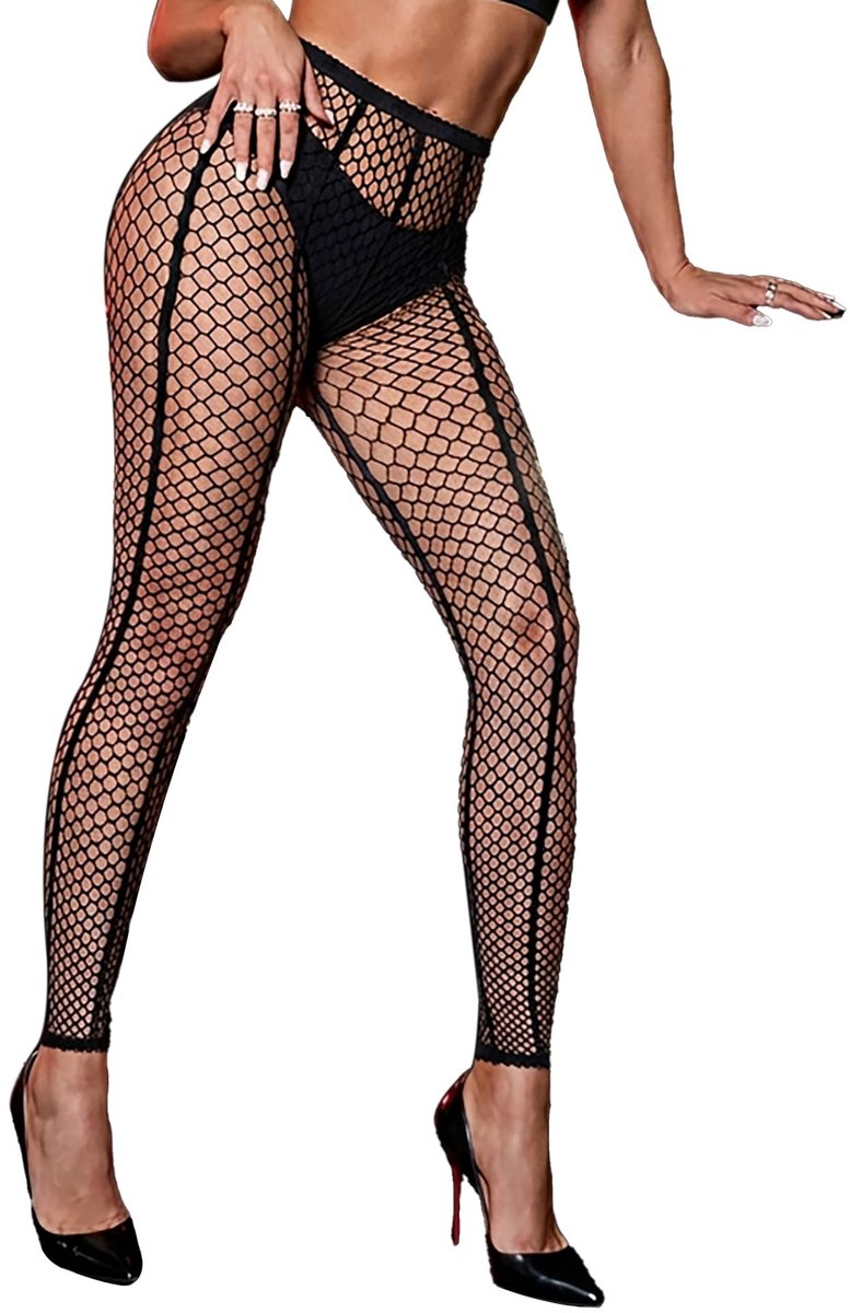 Dailygoods - Dames Netpanty met Zwarte Strepen - Hoge Taille en Sexy Voetloze Leggings