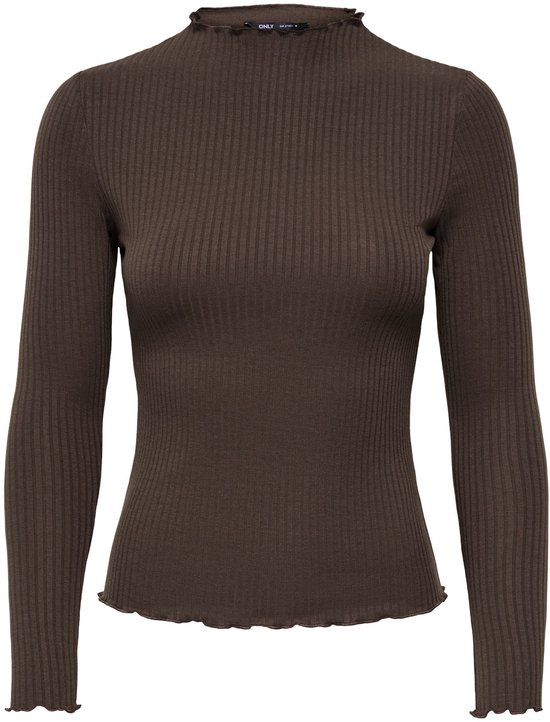 Bruine dames top van ONLY, model met lange mouwen, opstaande kraag en ruches.