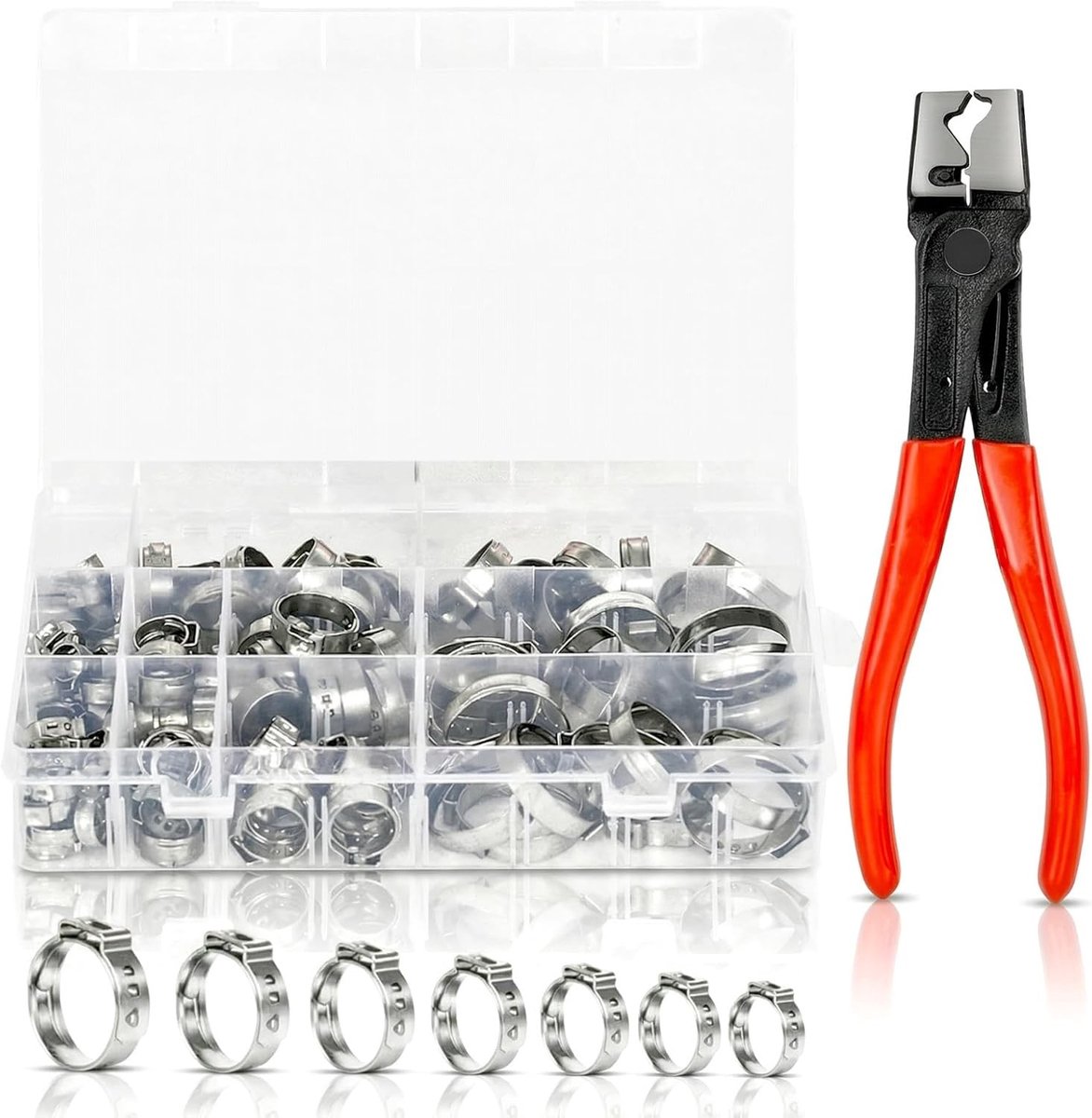 Set van 130 RVS Slangklemmen 5.8 - 21 mm met Klemtang voor Pijpen, Brandstofleidingen en Industriegebruik
