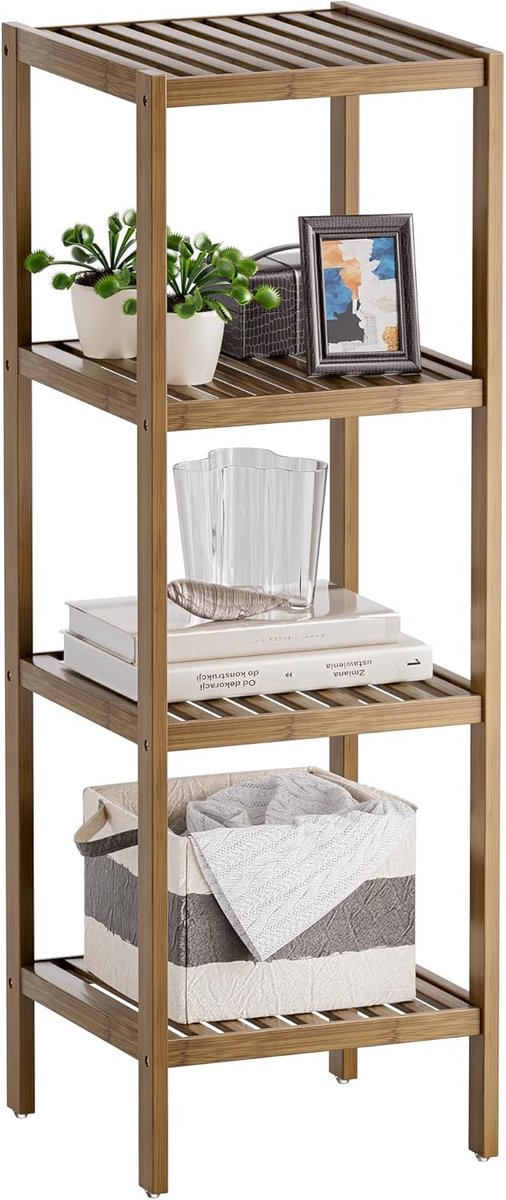 SnelShoppen - Multifunctionele 4-laags Bamboo Opbergplank - Ruimtebesparende Houten Rek voor Badkamer, Keuken, Woonkamer en Slaapkamer (Walnoot)