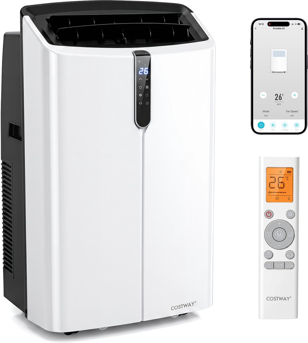 COSTWAY 14000 BTU Mobiele airconditioner met afvoerslang, afstandsbediening/Wifi | Mobiel airconditioningsapparaat met koeling, verwarming, ontvochtiging, ventilator & slaapmodus, Stille airconditioner, Koelapparaat 4,1kW / 3,5kW [Energieklasse A]