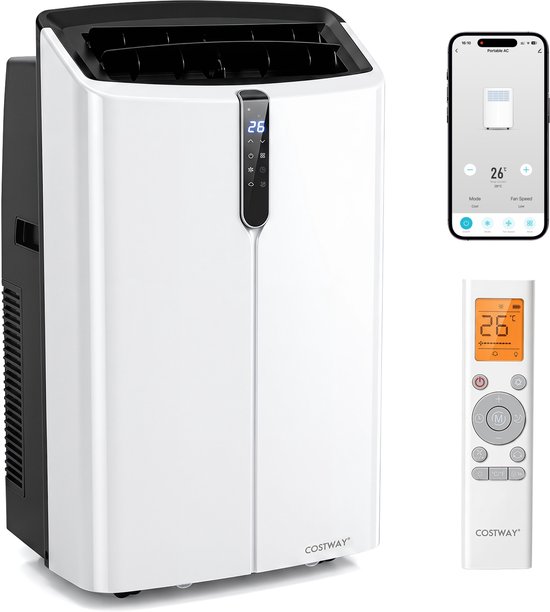Witte COSTWAY draagbare airco met zwart accent, digitaal display en afstandsbediening.