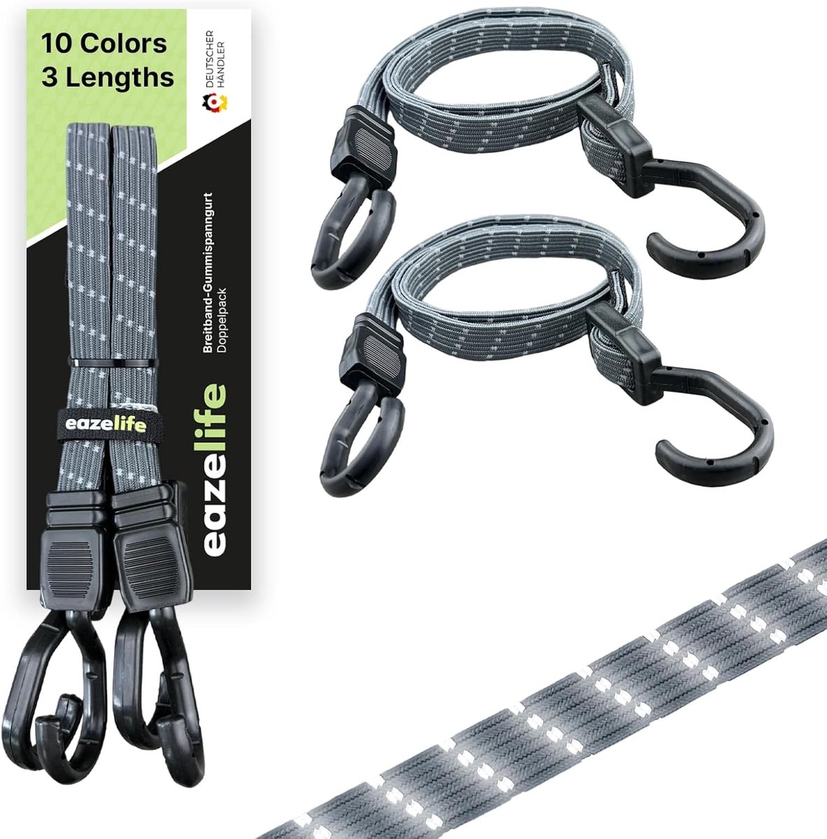 SnelShoppen - 2-Delige Set Verstelbare Rubberbanden met Metalen Haak, Stevige Expander voor Auto, Fiets en Buitenactiviteiten (10 Kleuren, 3 Lengtes)