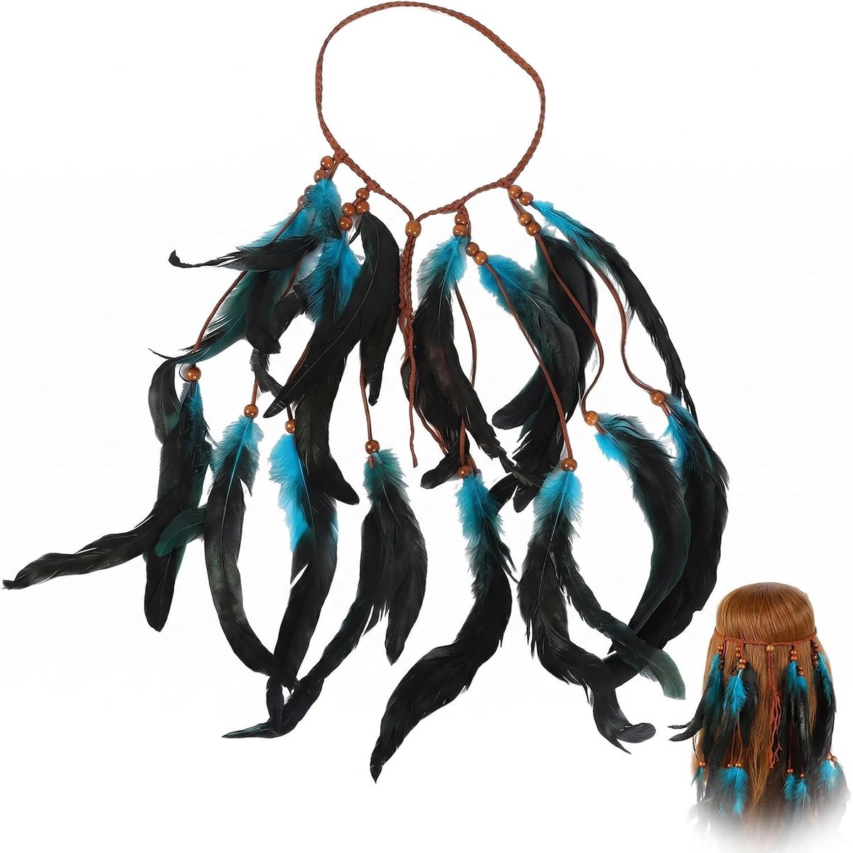 haarband met zeeblauwe veren, Indiaas hoofdsieraad, boho-chic en