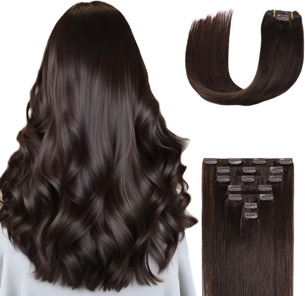 Clip-in extensies, echt haar, donkerbruin, echt Remy haar, clip-in
