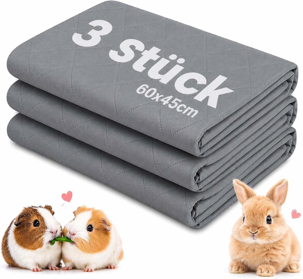 Pipipads voor cavia's, 3 stuks, 60 x 45 cm, wasbare absorberende PIPI mat en herbruikbare kooiinlegger, cavia-accessoires voor hamsters, konijnen en kleine dieren, kooi, bank en vloer