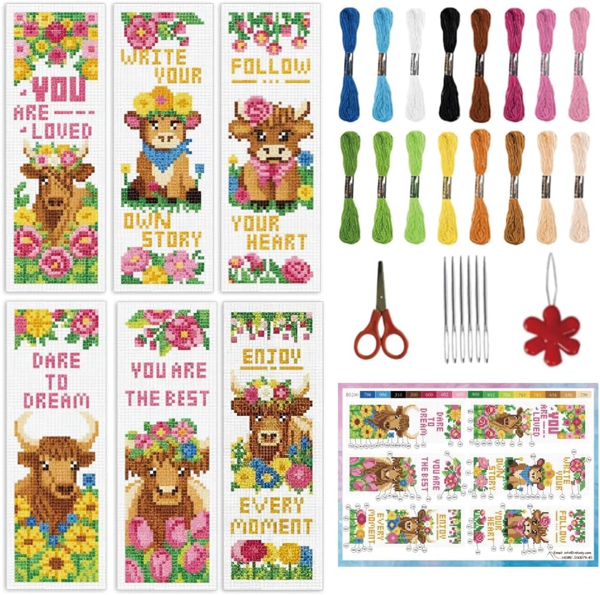 6 Set Highland Cow Kruissteek Bladwijzer Kit 7,6 x 21,6 cm Diy