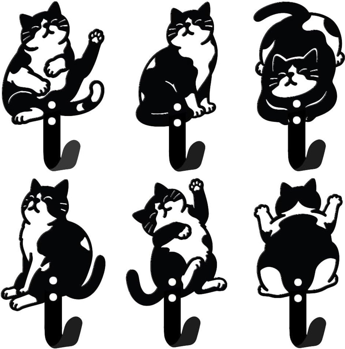 Schattige kattensleutelhouders voor aan de muur - 6 stuks mini wandgemonteerde ijzeren sleutelhaken voor sleutels, handdoeken en hoeden in zwart, ideaal voor entree en woonkamer