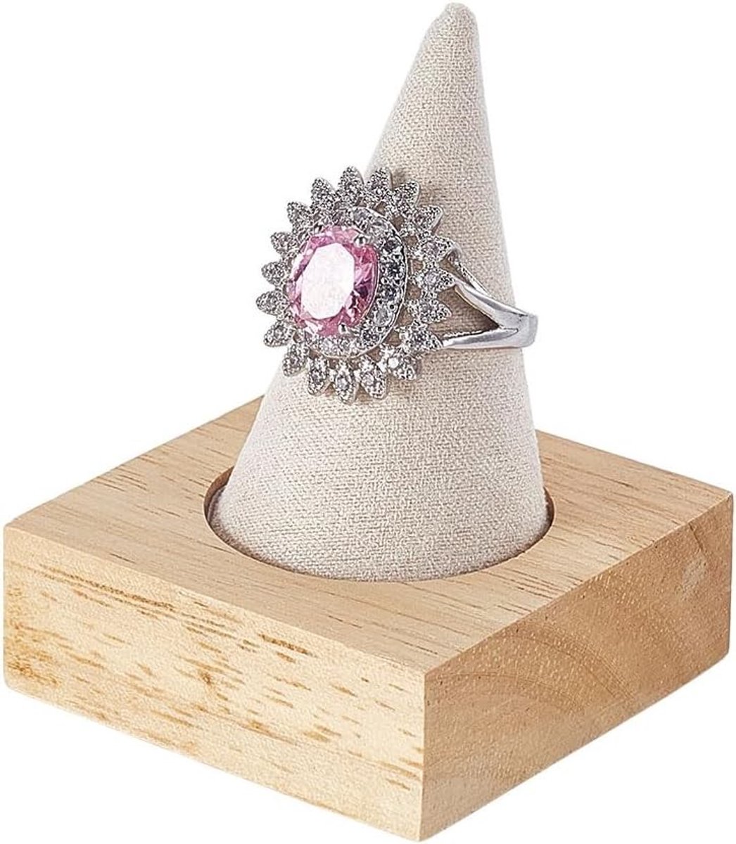 Single Finger Ring Holder in Beige Velvet - Conische Ring Display Stand met Houten Basis, Perfect voor Trouwringen en Sieradenorganisatie op Bedside Table of Winkelcounter