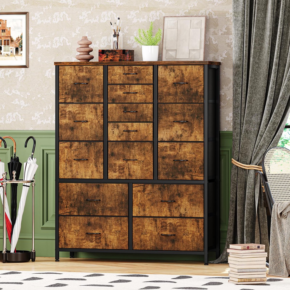 Triumpunpre - Moderne ladekast 15 lades in stof – Metalen frame – Houten blad – Veelzijdige opbergoplossing woonkamer, slaapkamer en entree – Bruin getijgerd