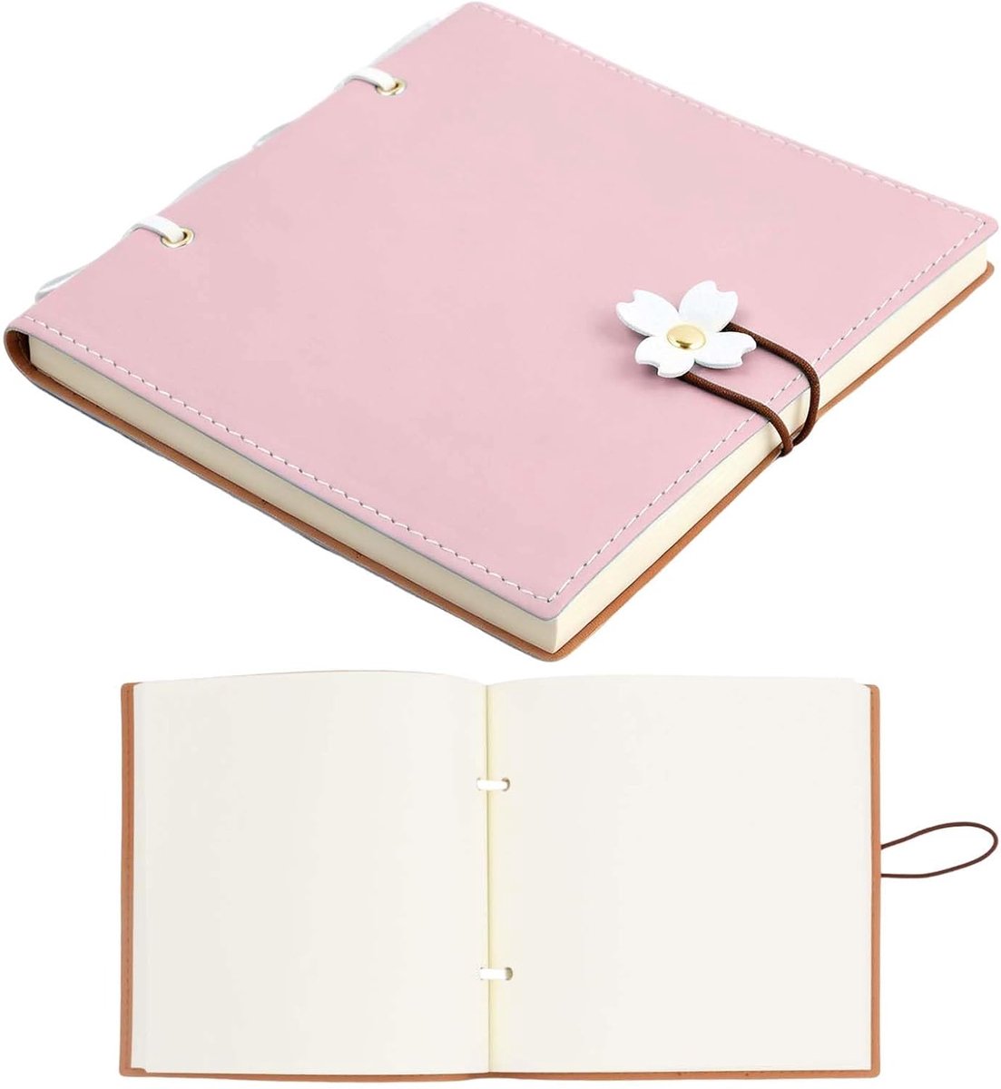 Bobypet - Vierkant Blanko Notitieboek - Kersenbloesem Design met Kunstleer Kaft - 240 Pagina's Dik Papier 15x15 cm - Voor Scrapbooking, School en Kantoor - Roze