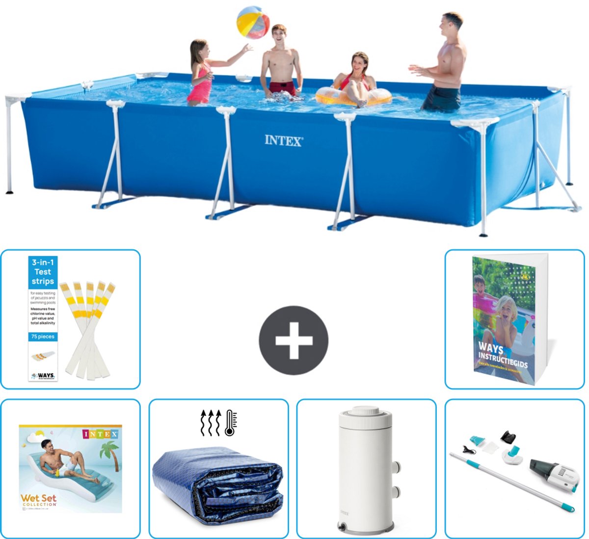 Intex Rechthoekig Frame Zwembad - 450 x 220 x 84 cm - Blauw - Inclusief Loungebed - Solarzeil - Zwembadfilterpomp - Stofzuiger - 7-delig