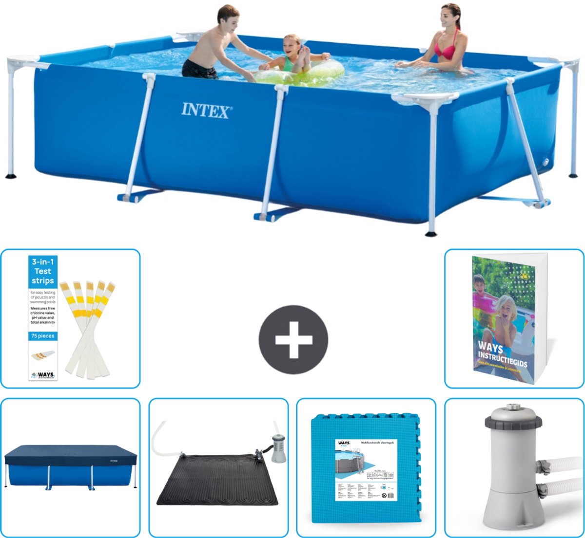 Intex Rechthoekig Frame Zwembad - 300 x 200 x 75 cm - Blauw - Inclusief Afdekzeil - Solar Mat - Vloertegels - Zwembadfilterpomp - 7-delig