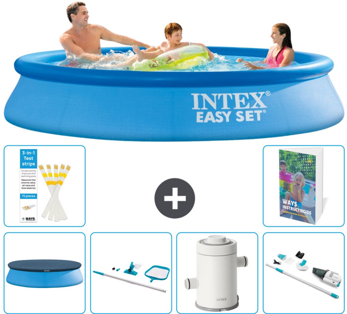 Intex Rond Opblaasbaar Easy Set Zwembad - 305 x 61 cm - Blauw - Inclusief Afdekzeil - Schoonmaakset - Zwembadfilterpomp - Stofzuiger - 7-delig
