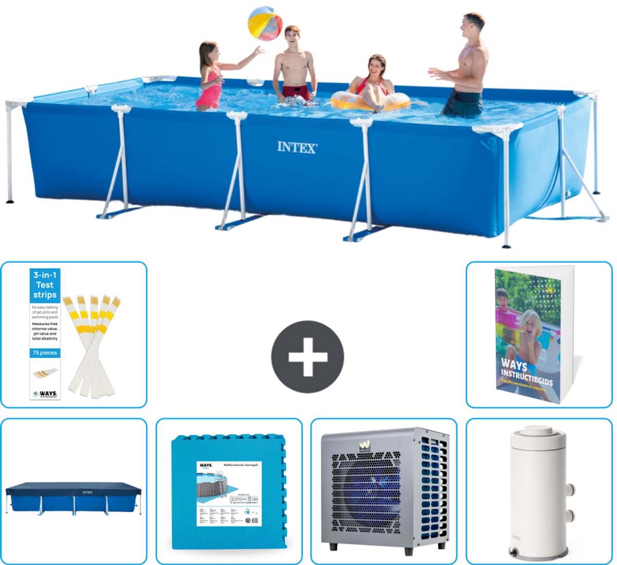 Intex Rechthoekig Frame Zwembad - 450 x 220 x 84 cm - Blauw - Inclusief Afdekzeil - Vloertegels - Warmtepomp - Zwembadfilterpomp - 7-delig