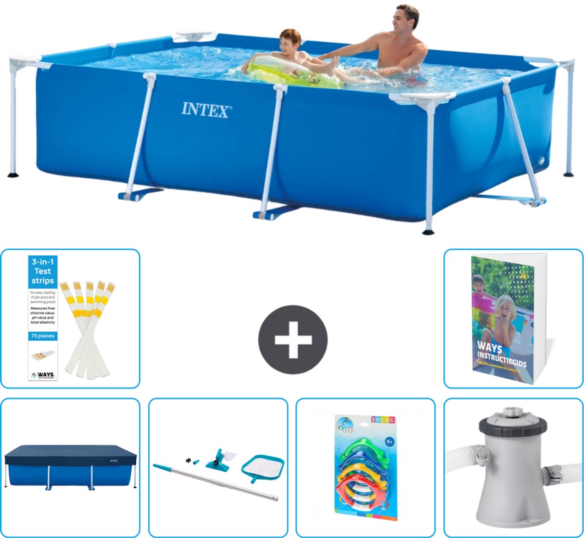 Intex Rechthoekig Frame Zwembad - 260 x 160 x 65 cm - Blauw - Inclusief Afdekzeil - Schoonmaakset - Speelgoed - Zwembadfilterpomp - 7-delig