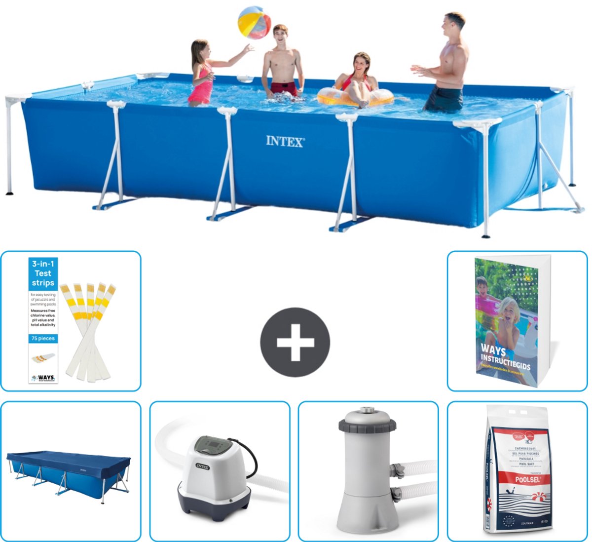 Intex Rechthoekig Frame Zwembad - 450 x 220 x 84 cm - Blauw - Inclusief Afdekzeil - Zoutwatersysteem - Zwembadfilterpomp - Zwembadzout - 7-delig