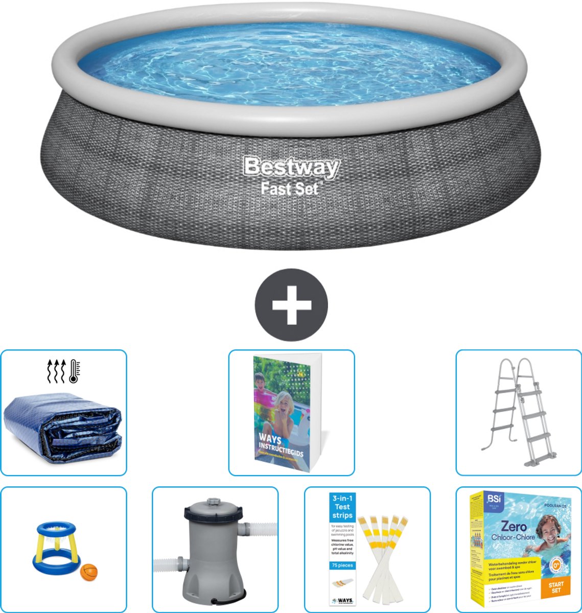 Bestway Rond Opblaasbaar Fast Set Zwembad - Rotanprint - 457 x 107 cm - Inclusief Pomp - Ladder - Onderhoudspakket - Solarzeil - Speelgoed - 8-delig