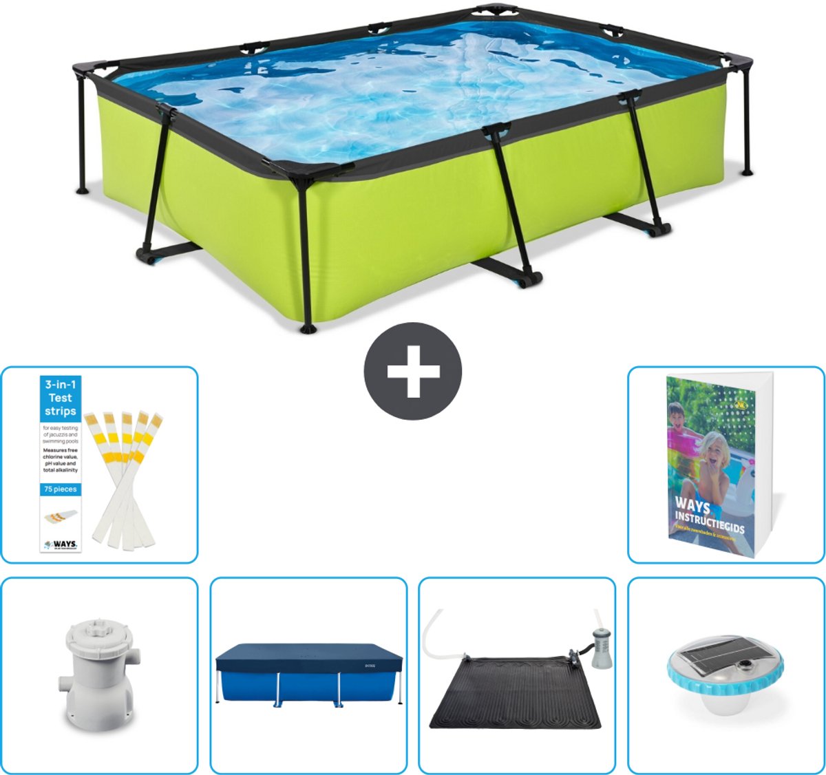 EXIT Rechthoekig Lime Frame Zwembad - 300 x 200 x 65 cm - Inclusief Pomp - Afdekzeil - Solar Mat - Verlichting - 7-delig