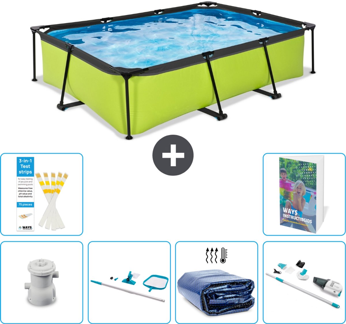 EXIT Rechthoekig Lime Frame Zwembad - 300 x 200 x 65 cm - Inclusief Pomp - Schoonmaakset - Solarzeil - Stofzuiger - 7-delig