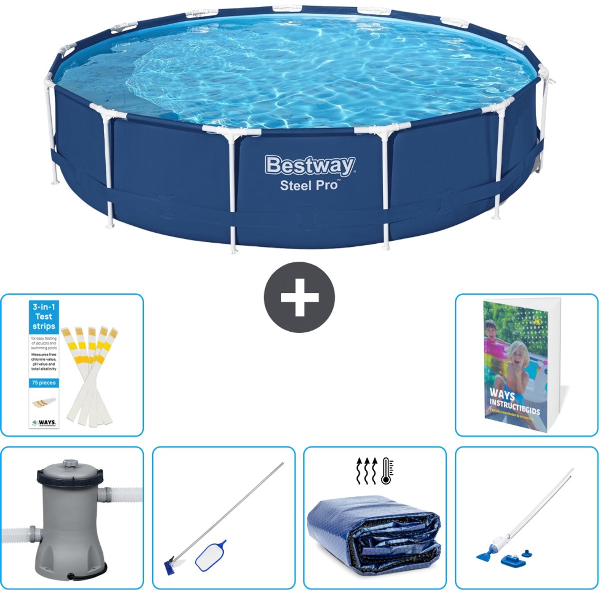 Bestway Rond Steel Pro Zwembad - 396 x 84 cm - Blauw - Inclusief Pomp - Schoonmaakset - Solarzeil - Stofzuiger - 7-delig