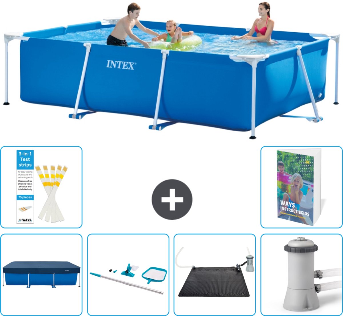 Intex Rechthoekig Frame Zwembad - 300 x 200 x 75 cm - Blauw - Inclusief Afdekzeil - Schoonmaakset - Solar Mat - Zwembadfilterpomp - 7-delig