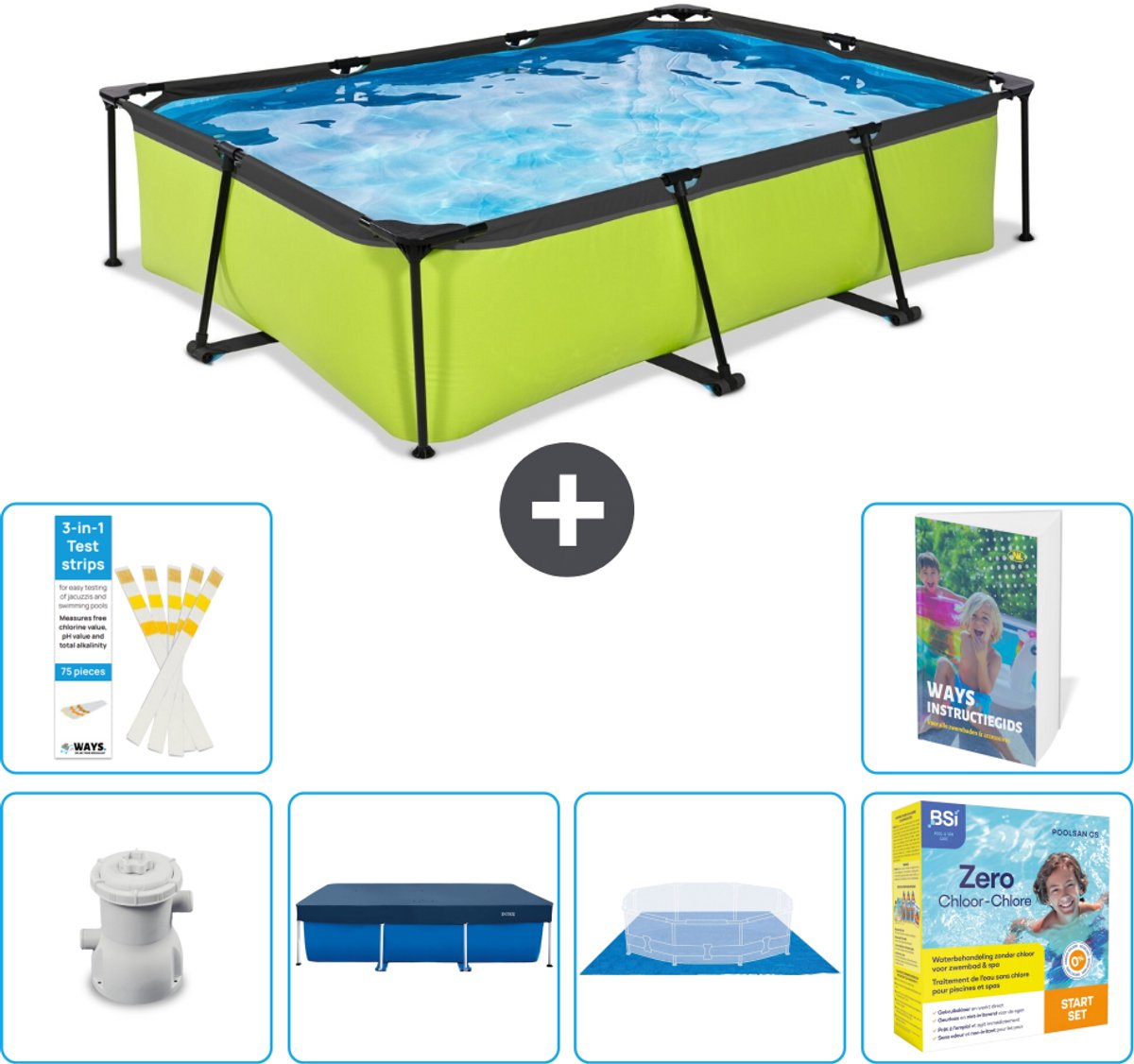 EXIT Rechthoekig Lime Frame Zwembad - 300 x 200 x 65 cm - Inclusief Pomp - Afdekzeil - Grondzeil - Onderhoudspakket - 7-delig