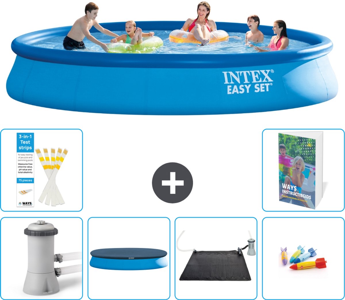 Intex Rond Opblaasbaar Easy Set Zwembad - 457 x 84 cm - Blauw - Inclusief Pomp - Afdekzeil - Solar Mat - Speelgoed - 7-delig