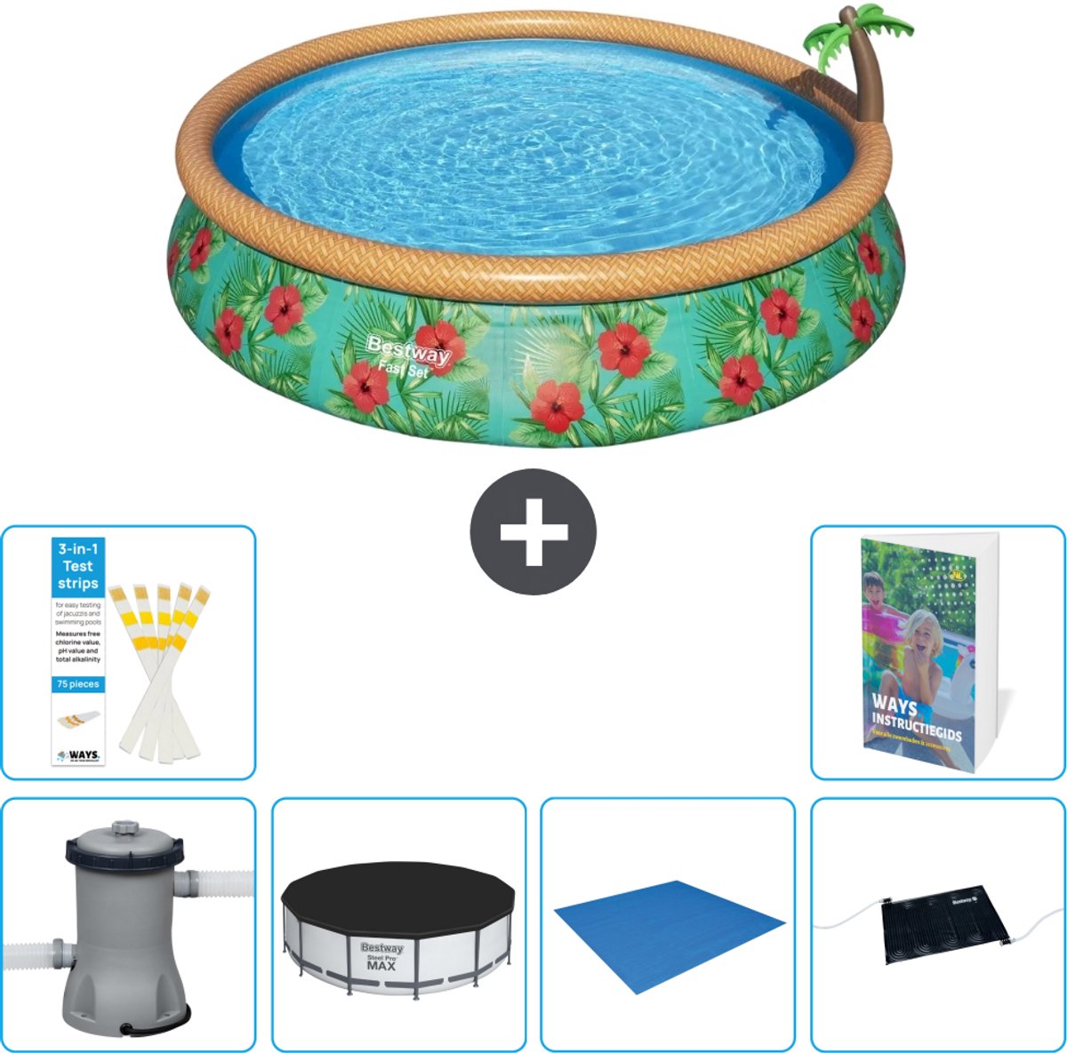 Bestway Rond Opblaasbaar Fast Set Zwembad - Paradijsprint - 457 x 84 cm - Inclusief Pomp - Afdekzeil - Grondzeil - Solar Mat - 7-delig