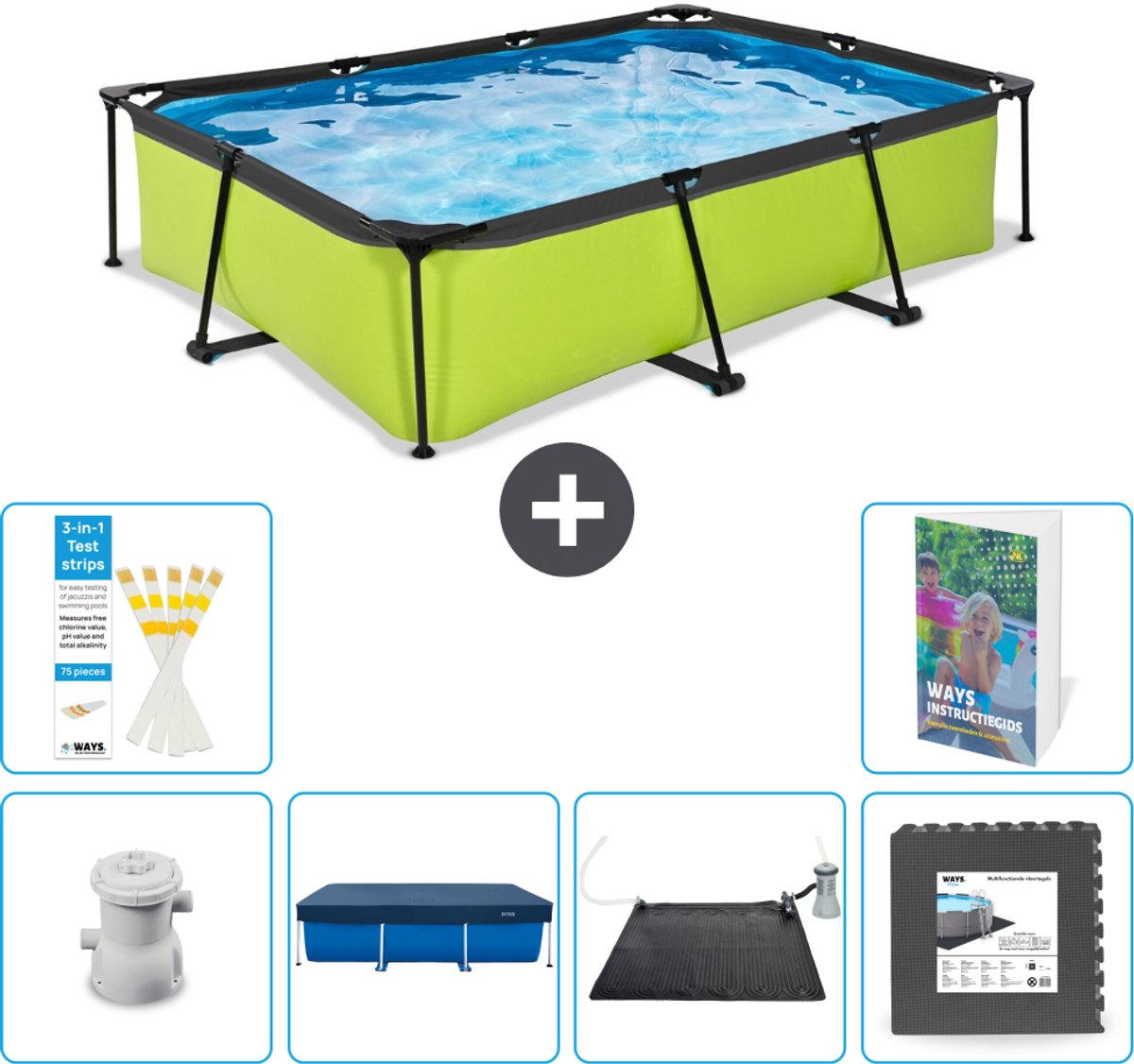 EXIT Rechthoekig Lime Frame Zwembad - 300 x 200 x 65 cm - Inclusief Pomp - Afdekzeil - Solar Mat - Vloertegels - 7-delig