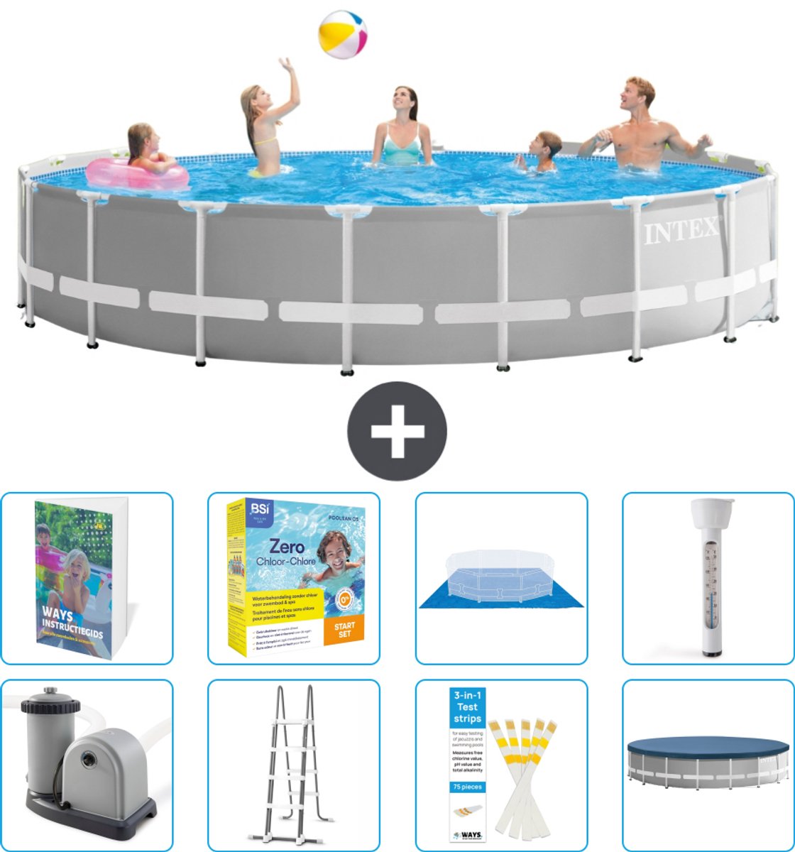 Intex Rond Prism Frame Zwembad - 548 x 122 cm - Grijs - Inclusief Pomp - Ladder - Grondzeil - Afdekzeil - Onderhoudspakket - Thermometer - 9-delig