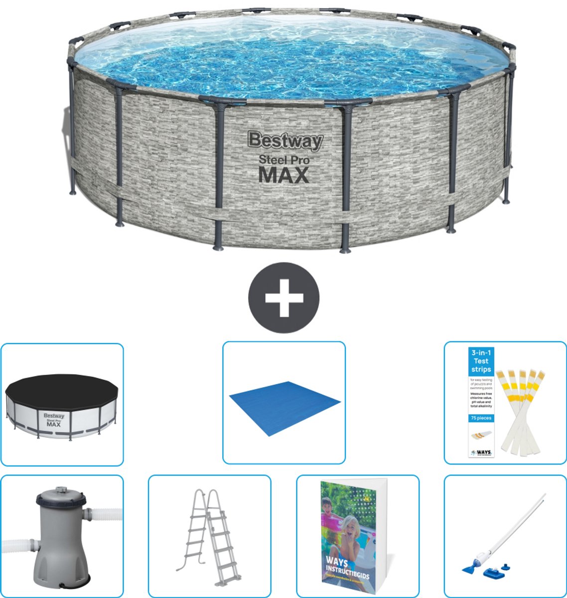 Bestway Rond Steel Pro MAX Zwembad - Steenprint - 427 x 122 cm - Inclusief Pomp - Ladder - Afdekzeil - Grondzeil - Stofzuiger - 8-delig