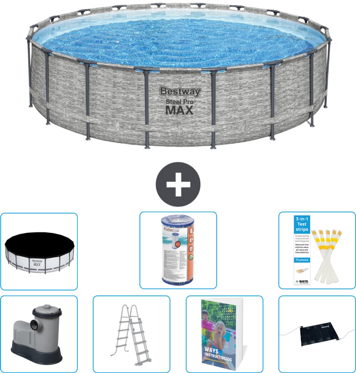 Bestway Rond Steel Pro MAX Zwembad - Steenprint - 549 x 122 - Inclusief Pomp - Ladder - Afdekzeil - Filter - Solar Mat - 8-delig