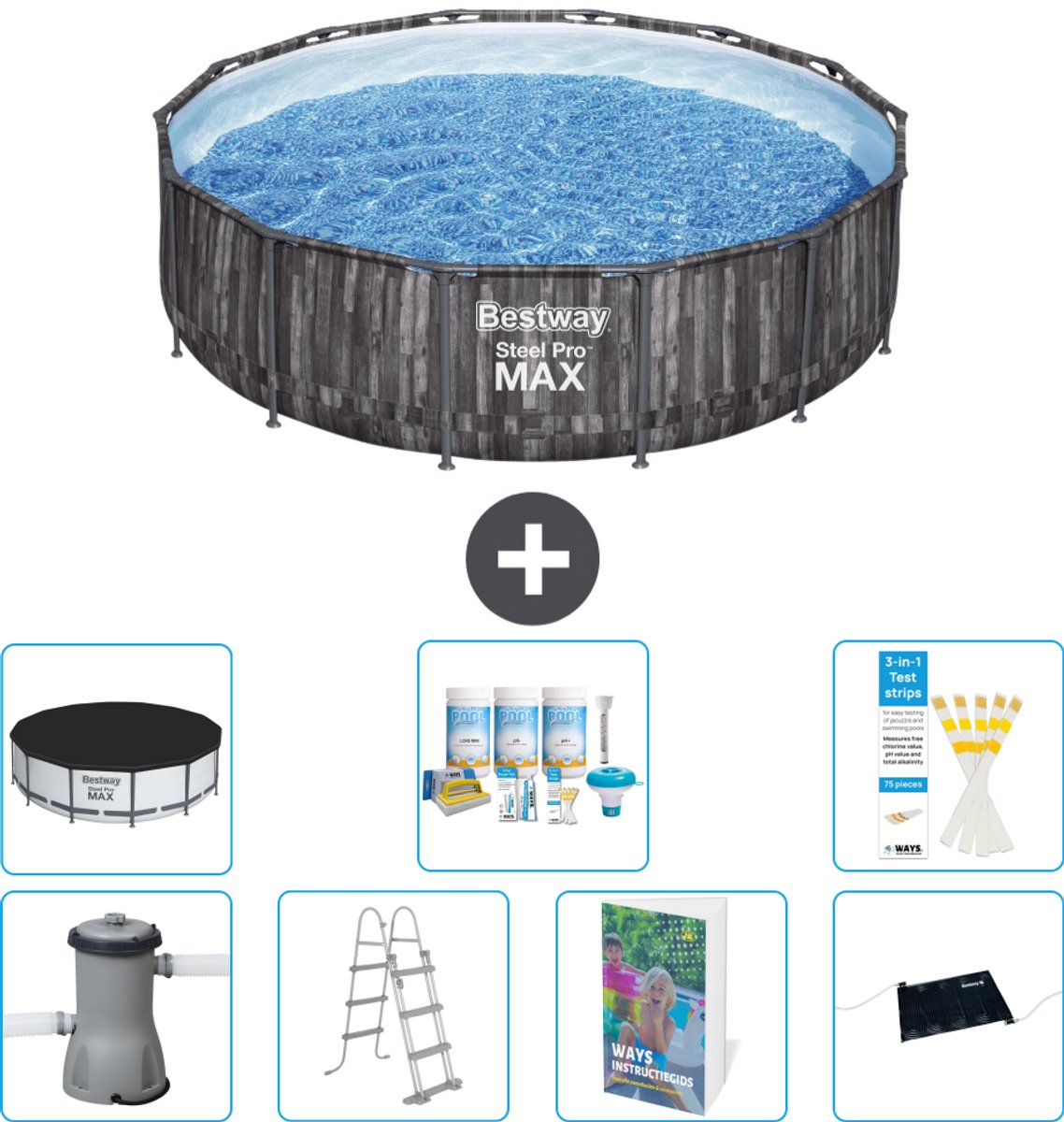 Bestway Rond Steel Pro MAX Zwembad - Houtprint - 427 x 107 cm - Inclusief Pomp - Ladder - Afdekzeil - Onderhoudspakket - Solar Mat - 8-delig
