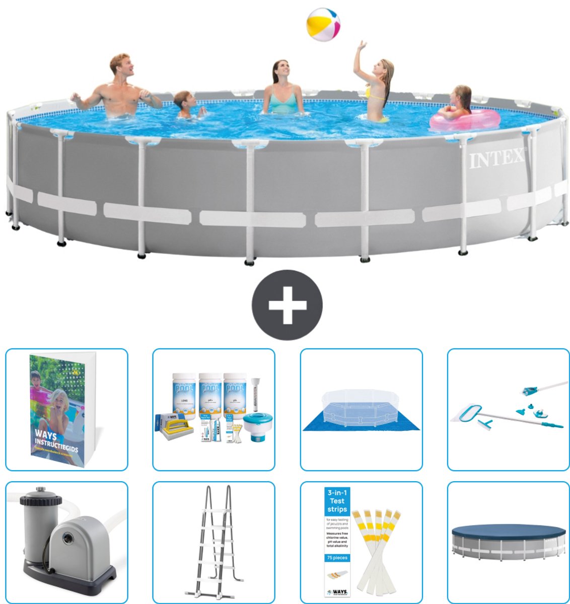 Intex Rond Prism Frame Zwembad - 610 x 132 cm - Grijs - Inclusief Pomp - Ladder - Grondzeil - Afdekzeil - Onderhoudspakket - Schoonmaakset - 9-delig
