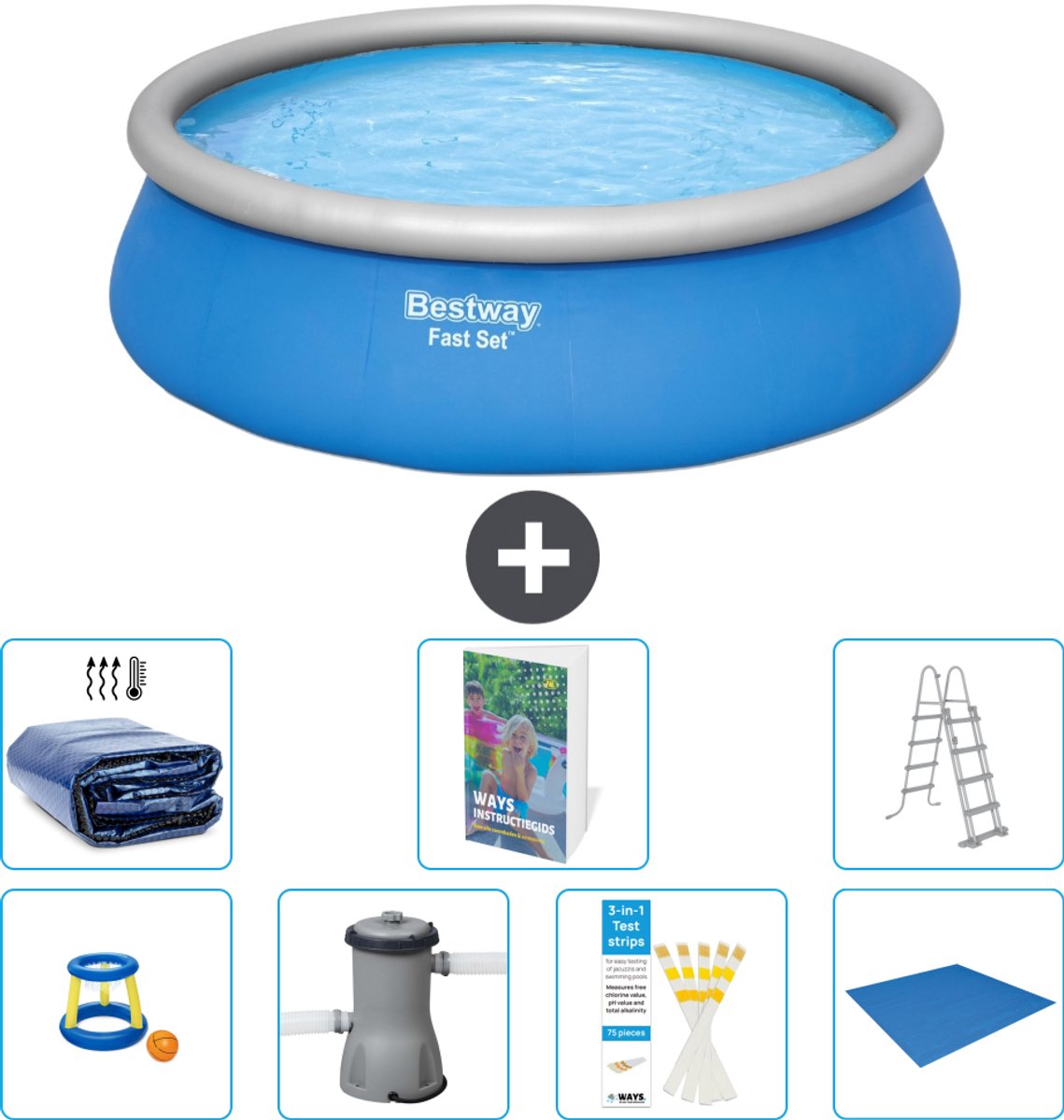 Bestway Rond Opblaasbaar Fast Set Zwembad - 457 x 122 cm - Blauw - Inclusief Pomp - Ladder - Grondzeil - Solarzeil - Speelgoed - 8-delig