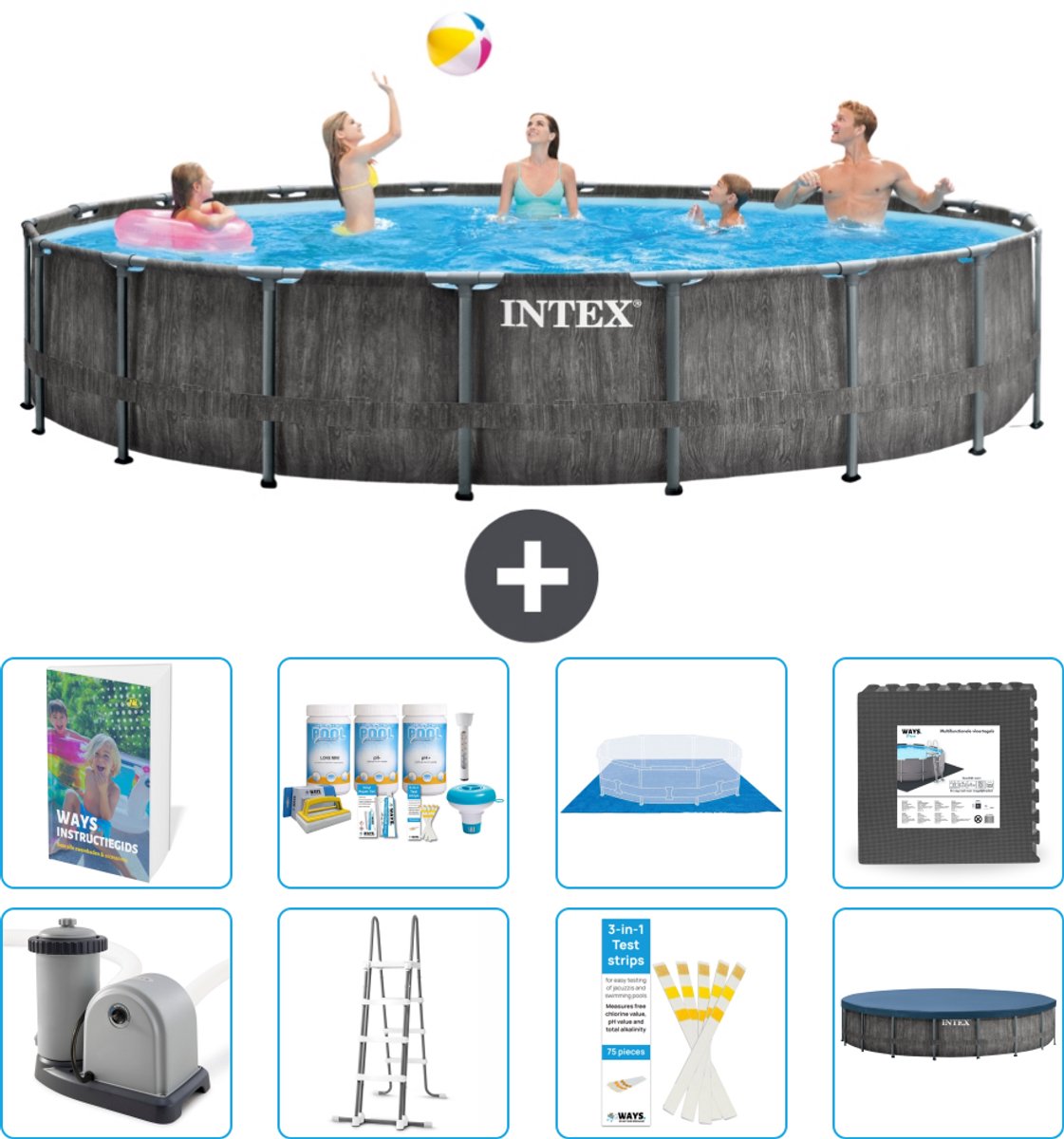 Intex Rond Prism Frame Greywood Zwembad - 549 x 122 cm - Inclusief Pomp - Ladder - Grondzeil - Afdekzeil - Onderhoudspakket - Vloertegels - 9-delig