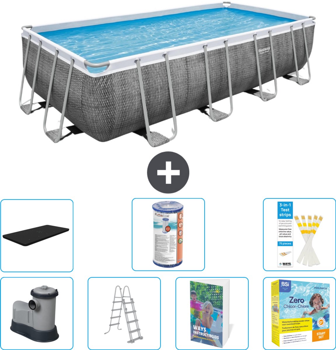 Bestway Rechthoekig Power Steel Zwembad - Rattanprint - 549 x 274 x 122 - Inclusief Pomp - Ladder - Afdekzeil - Filter - Onderhoudspakket - 8-delig