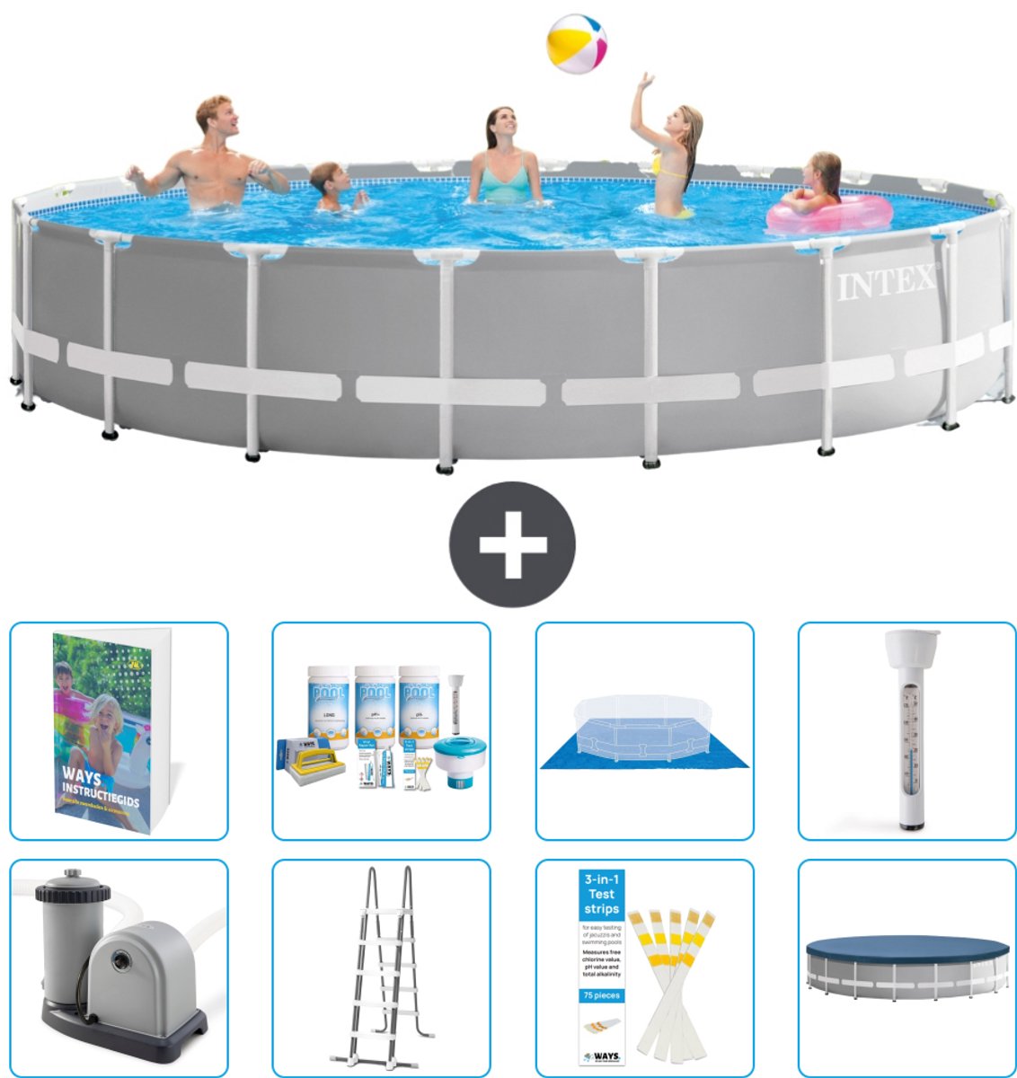 Intex Rond Prism Frame Zwembad - 610 x 132 cm - Grijs - Inclusief Pomp - Ladder - Grondzeil - Afdekzeil - Onderhoudspakket - Thermometer - 9-delig