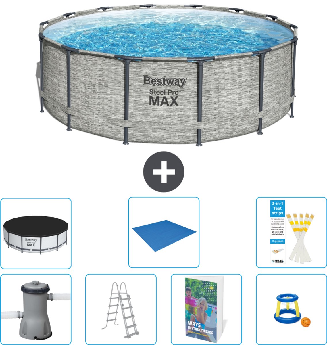 Bestway Rond Steel Pro MAX Zwembad - Steenprint - 427 x 122 cm - Inclusief Pomp - Ladder - Afdekzeil - Grondzeil - Speelgoed - 8-delig