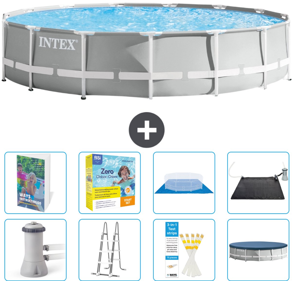 Intex Rond Prism Frame Zwembad - 457 x 107 cm - Grijs - Inclusief Pomp - Ladder - Grondzeil - Afdekzeil - Onderhoudspakket - Solar Mat - 9-delig